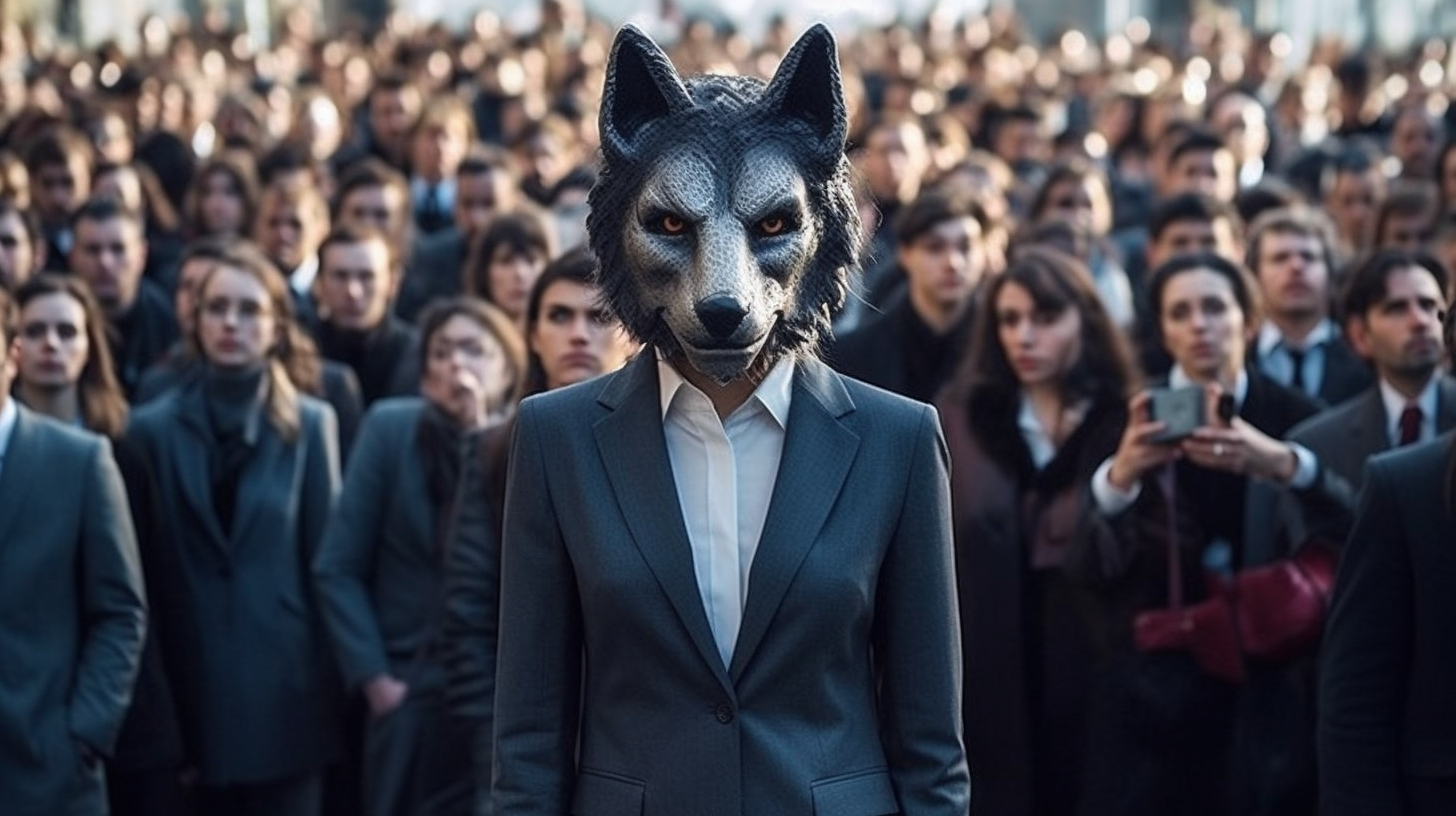 Woman in wolf mask, in front of crowd