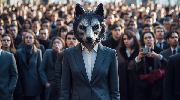 Woman in wolf mask, in front of crowd